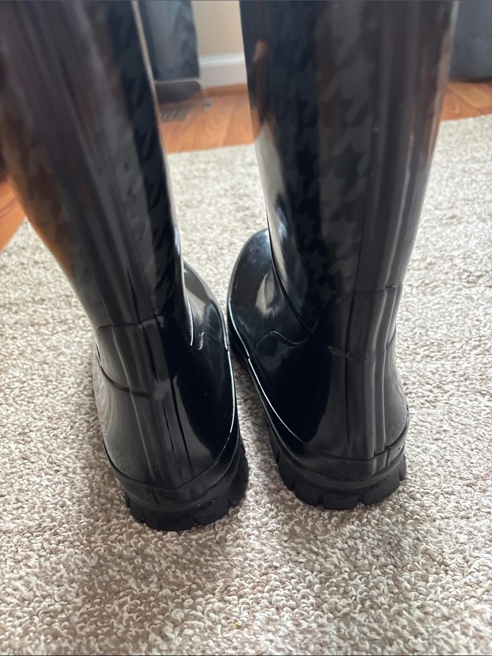 Women’s Bogs Black Gloss Rain Boots with Houndstooth Texture